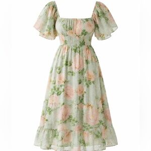 Elegant Floral Midi Dress in Green and Pink